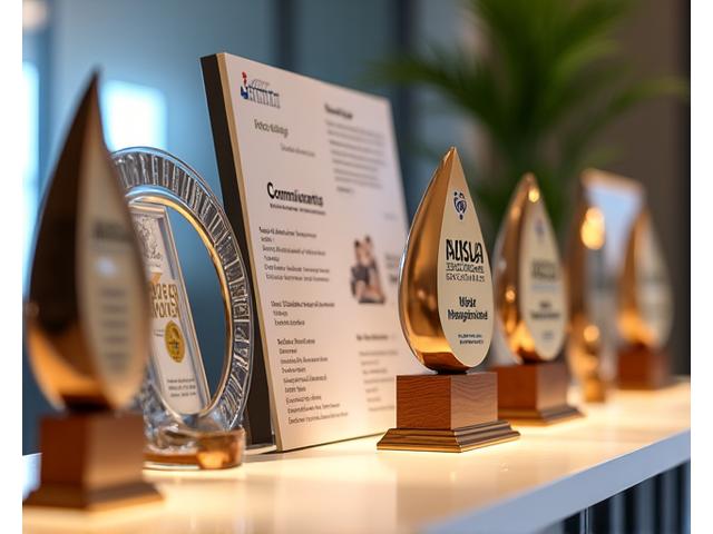 A collection of Austin-specific wellness and technology awards and plaques, symbolizing recognition and excellence.