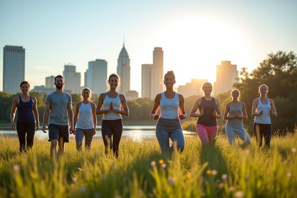 A group of diverse adults 35+ enjoying a morning yoga session outdoors with the Austin skyline in the background, depicting community and activity.