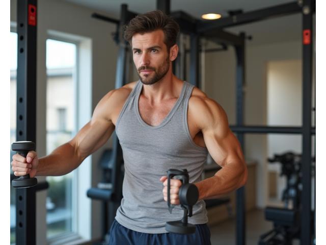 David, 45, confidently lifting a light weight in a brightly lit home gym, looking strong and focused.