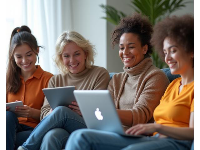 Diverse group of adults confidently participating in an online wellness discussion on tablets and laptops, reflecting connection and support