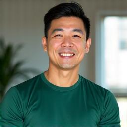 James Chen, a confident and approachable certified personal trainer with a background in modern fitness.