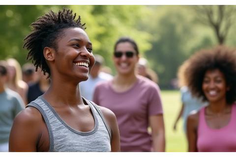 Diverse group of smiling Austin adults engaging in a healthy outdoor activity, symbolizing community and support.