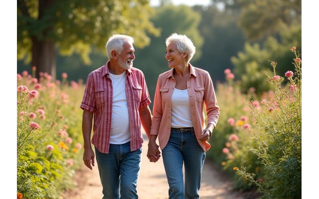 Happy couple in their 40s enjoying a mindful walk through a botanical garden in Austin, reflecting strong mental well-being and a joyful midlife transition.