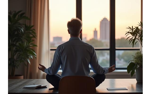 Professional in their 40s meditating peacefully in a modern Austin office, reflecting effective stress management and a calm mind amidst a busy career.