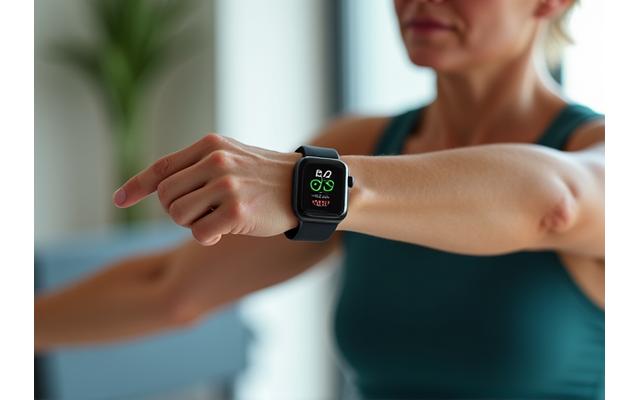 Person using a smartwatch during a low-impact workout, focusing on flexible fitness for adults.