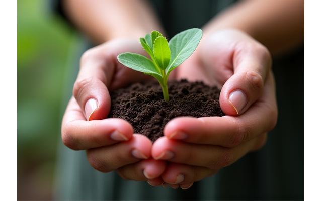 Image of hands tending to a vibrant green sprout, symbolizing growth and longevity.