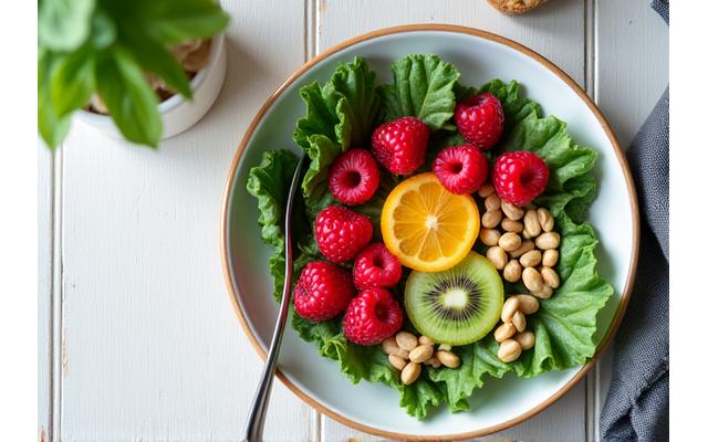 Image showing a balanced meal with nuts, fruit, and greens, symbolizing metabolic optimization.