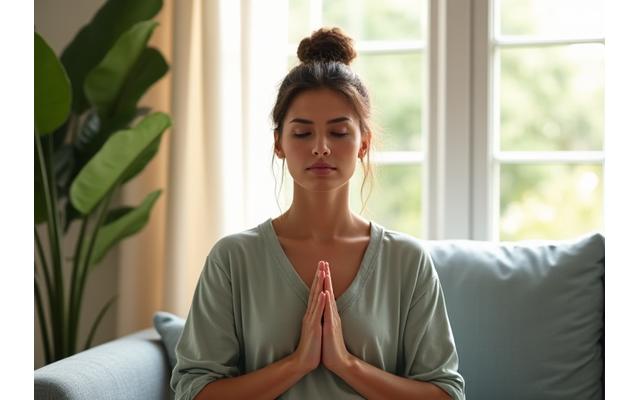 Person meditating peacefully in a modern, calm Austin home setting, symbolizing stress management.