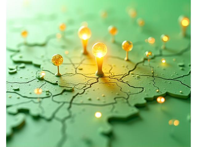 An interactive map visualization of Austin, TX, highlighting healthy restaurants, farmers markets, and grocery stores with pin icons and overlaid graphic elements representing fresh produce.