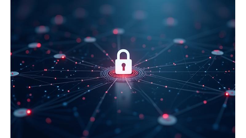 Interconnected nodes representing secure data sharing, with a central lock icon indicating protection.