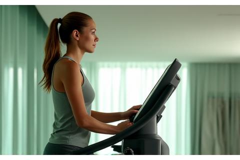 Person using an elliptical machine, showing a sustained, moderate-intensity cardiovascular workout.