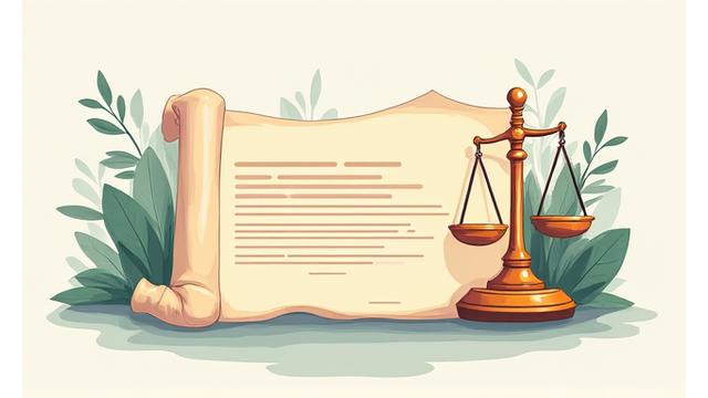 Illustration of a legal scroll or document with a stylized balance scale, representing legal terms, disclaimers, and fairness in a digital context.