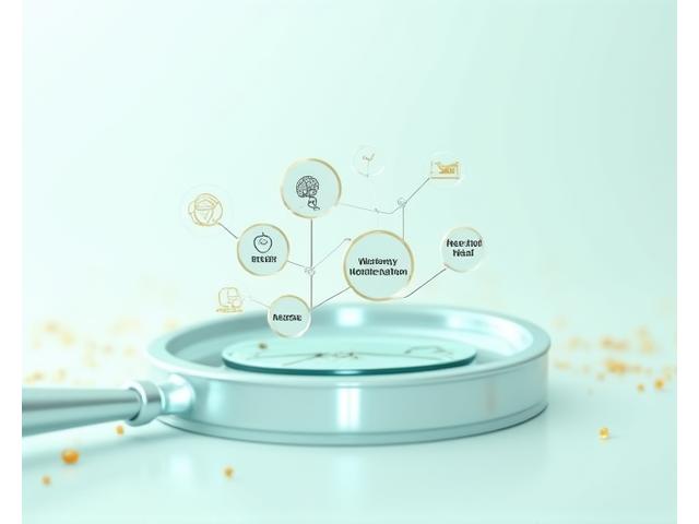 Abstract illustration of a magnifying glass over interconnected wellness topics, representing smart content search for health insights.