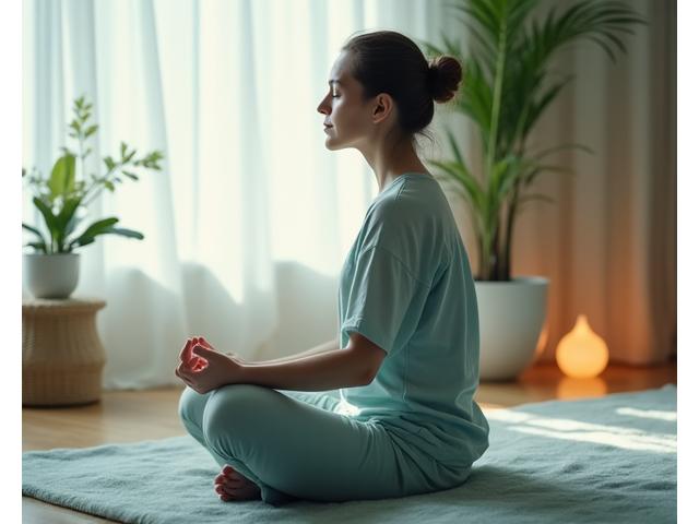 Serene individual meditating in a minimalist, light-filled space, representing mental wellness and stress management.